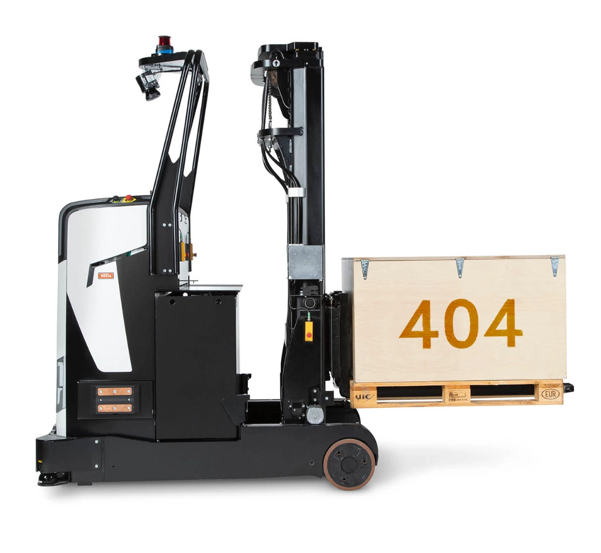 404 page image showing automated crane holding a 404-html code box on a palate.